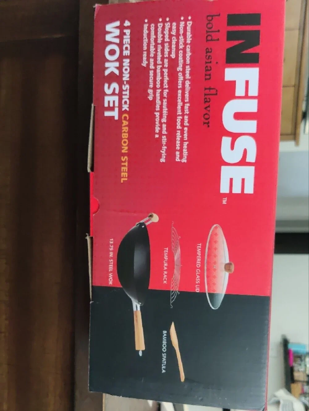 NIB Carbon Steel Non-Stick Wok Set with Wooden Spatula and Glass Lid